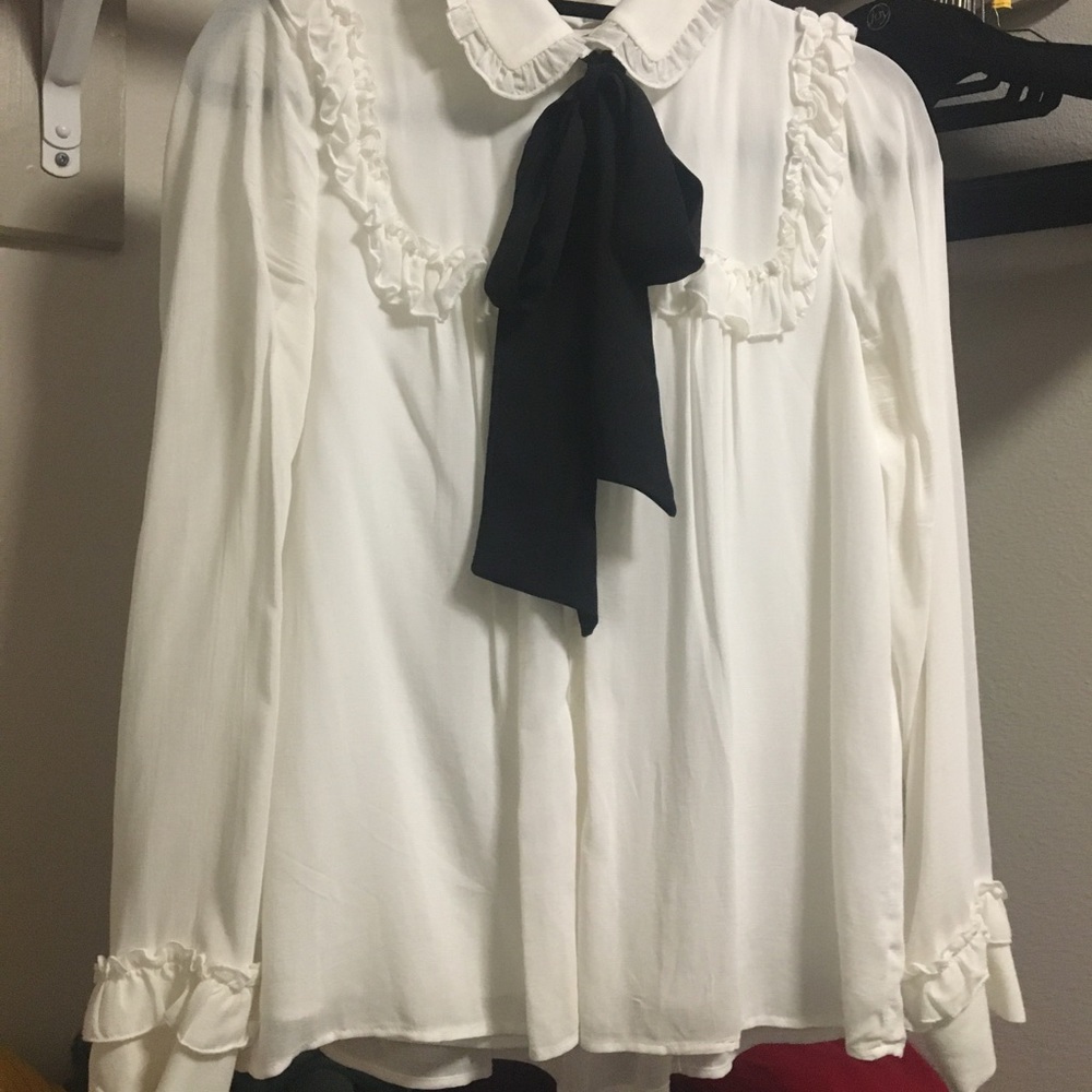 White Zara Button-down w/ Ruffles and Neck Bow